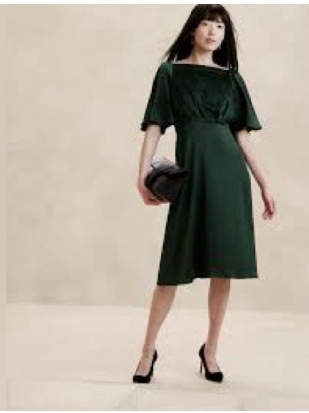 Banana Republic Elegant Dark Green Flutter Sleeve Maxi Dress